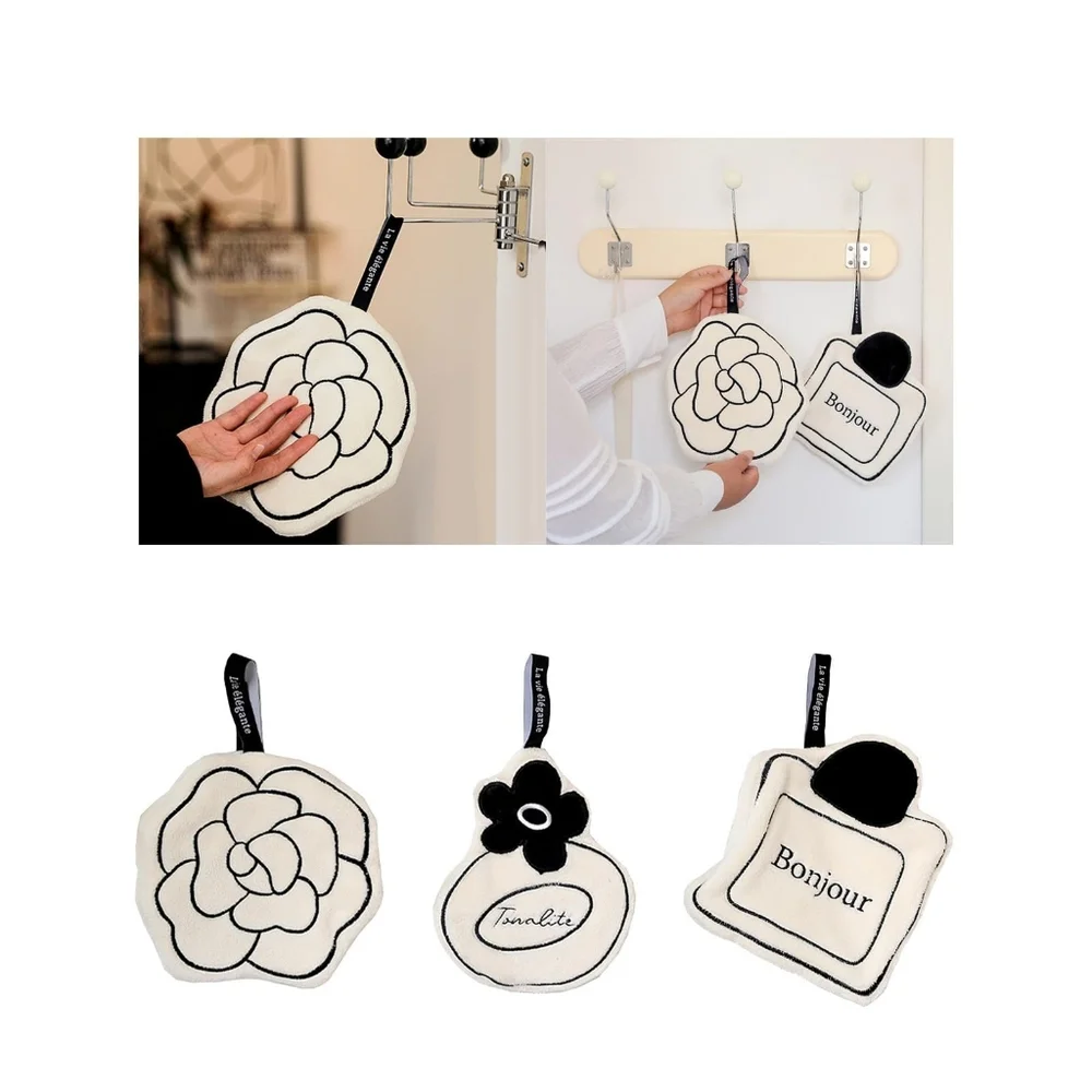 🆕️ Set of 3 Black and White Hanging Hand or Face Towels Chic Classy Bonjour